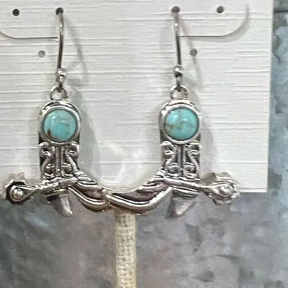 NWT Lucky Brand Silver & Turquoise Cowboy Boot Drop Earrings #LBER2 - Picture 4 of 7